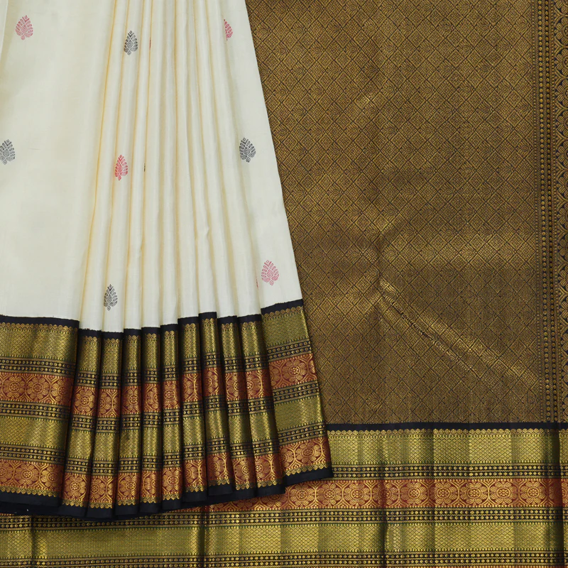 Hayagrivas Handloom Half-White Kanjivaram Silk Saree with Deep Snuff Border KBF326E6-1