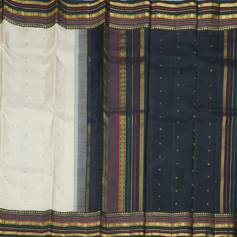 Hayagrivas Handloom Half-White Kanjivaram Silk Saree with Karum Neelam Border KBF463F3-1 - Image 4