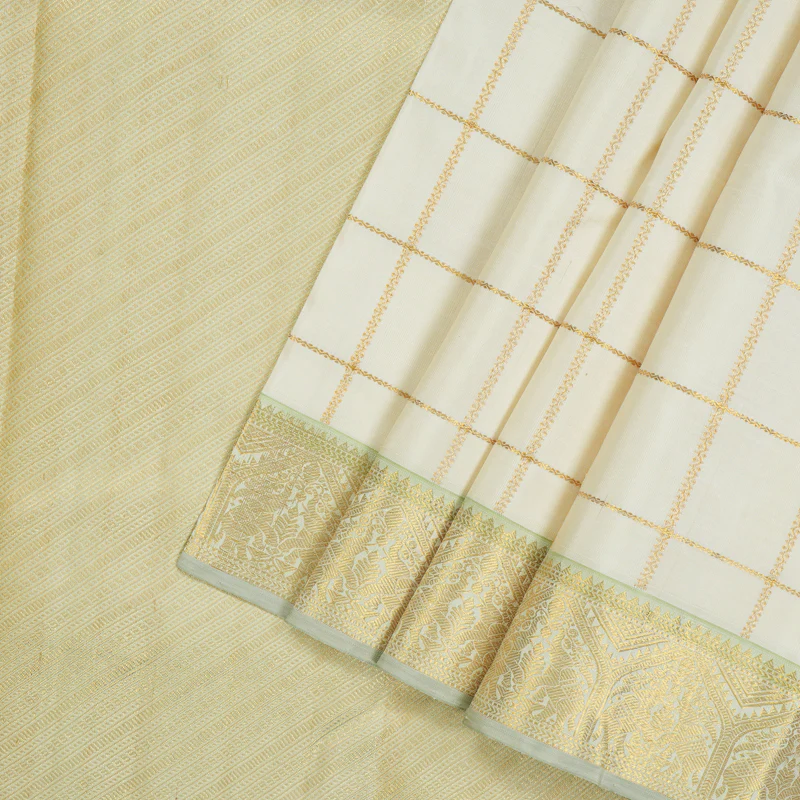 Hayagrivas Handloom Half-White Kanjivaram Silk Saree with Light Pista Green Border KBE2128A6-1 - Image 2