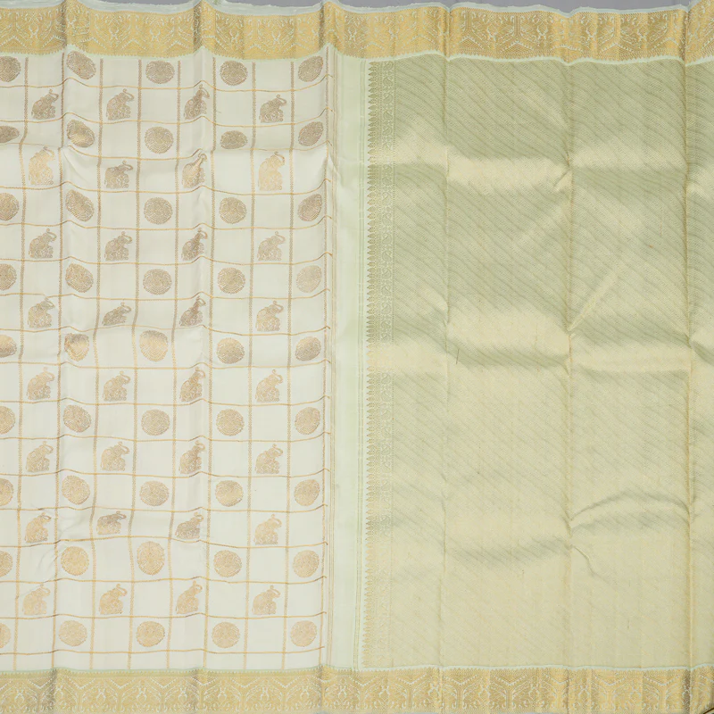 Hayagrivas Handloom Half-White Kanjivaram Silk Saree with Light Pista Green Border KBE2128A6-1 - Image 5