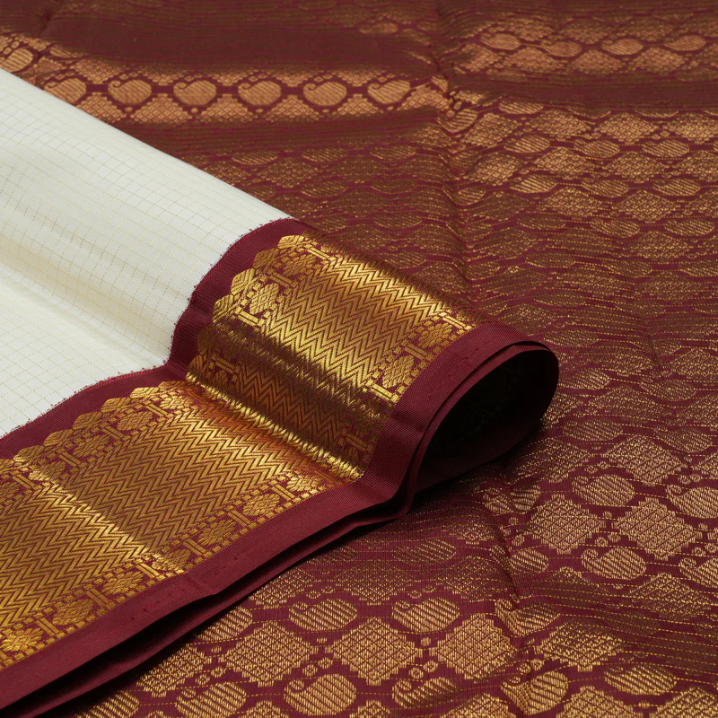 Hayagrivas Handloom Half-White Kanjivaram Silk Saree with Maroon Border KBE856H3-6 - Image 4