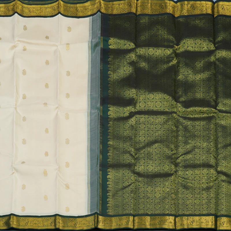 Hayagrivas Handloom Half-White Kanjivaram Silk Saree with Peacock Green Border KSBE42J5-2 - Image 5