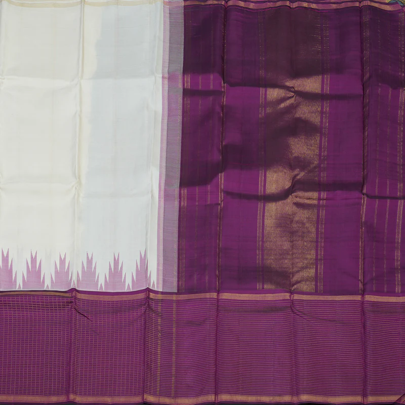 Hayagrivas Handloom Half-White Kanjivaram Silk Saree with Purple Border KBE2080A5-1 - Image 6