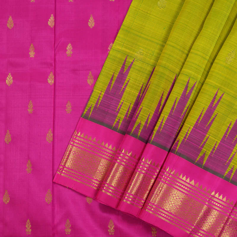 Hayagrivas Handloom Kanjivaram One side border in Fluorescent Green with Pink KBE581F1-31 - Image 2