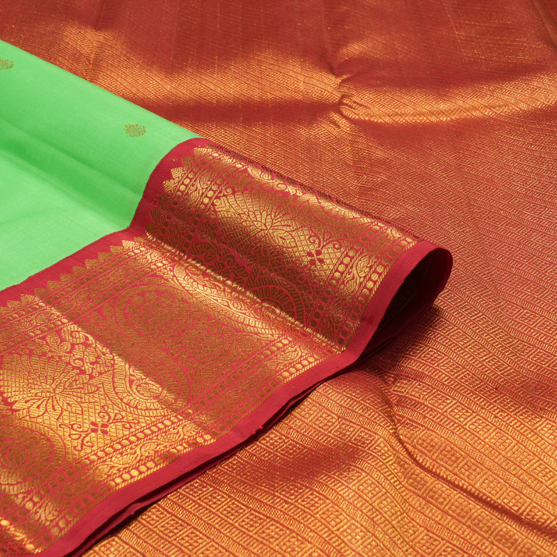 Hayagrivas Handloom Kanjivaram silk saree in Parrot green with red Korvai KBE38D1-1 - Image 4