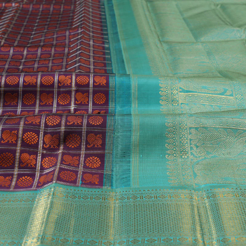 Hayagrivas Handloom Kanjivaram Silk Saree in Plum Purple Thread Checks BBD2003C7-1 - Image 3