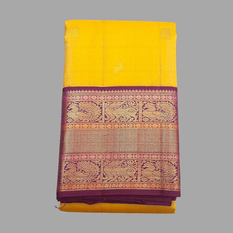 Hayagrivas Handloom Sampanga Yellow Kanjivaram Silk Saree with Purple Border KBF392F1-1 - Image 3