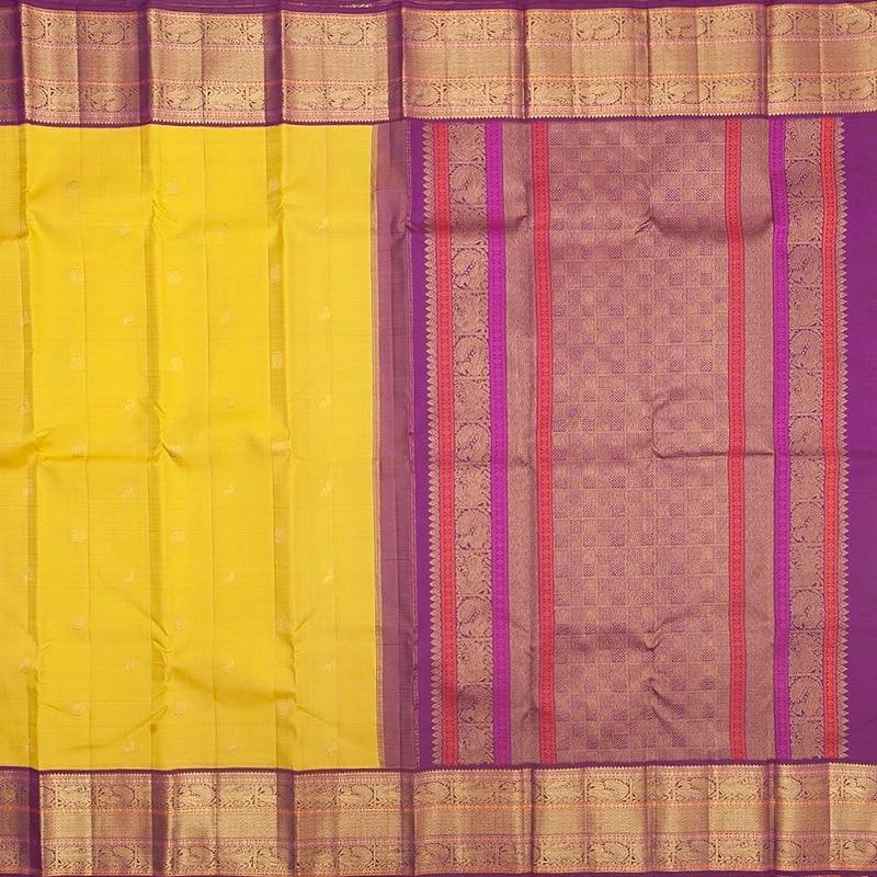 Hayagrivas Handloom Sampanga Yellow Kanjivaram Silk Saree with Purple Border KBF392F1-1 - Image 4