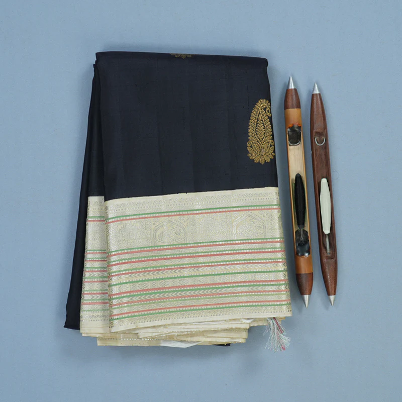 Hayagrivas Handloom Karum Neelam Kanjivaram Silk Saree with Cream Border KBF13D7-1 - Image 4