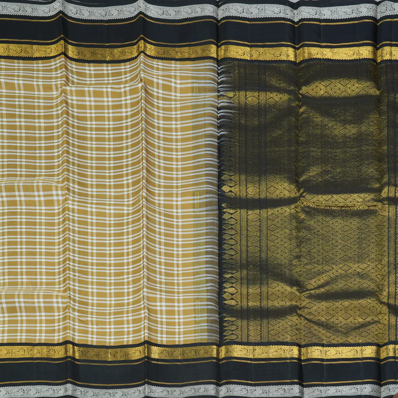 Hayagrivas Handloom Khaki Brown & White Checks Kanjivaram Silk Saree KBF250E2-1 - Image 4