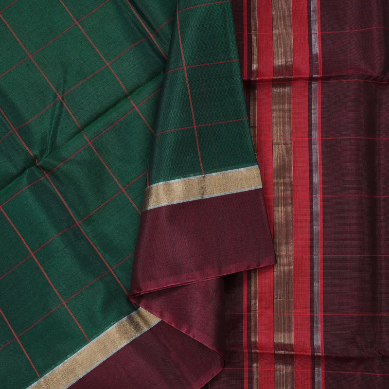 Hayagrivas Handloom Kora Silk Cotton Saree in Captivating Bottle Green KBD1779A1-4 - Image 2
