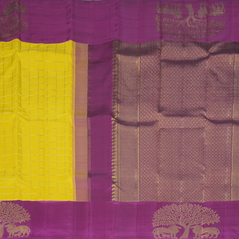 Hayagrivas Handloom Lemon Yellow Kanjivaram Silk Saree with Purple Border KBF367F2-1 - Image 4