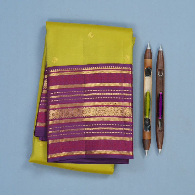 Hayagrivas Handloom Lime Green Kanjivaram Silk Saree with Purple Border SSCBF23D13-3