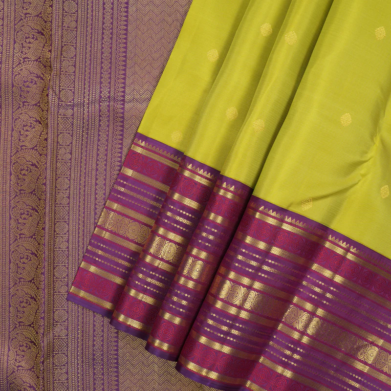 Hayagrivas Handloom Lime Green Kanjivaram Silk Saree with Purple Border SSCBF23D13-3 - Image 2
