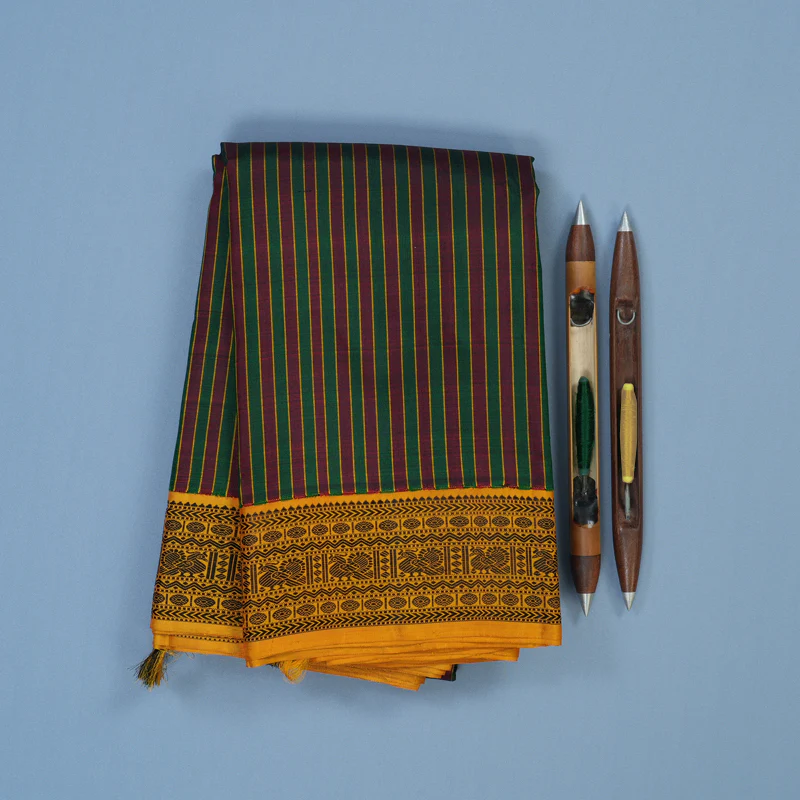 Hayagrivas Handloom Maroon & Bottle Green Stripes Kanjivaram Silk Saree with Mustard Border KBE2368B6-1 - Image 2