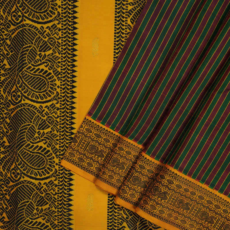Hayagrivas Handloom Maroon & Bottle Green Stripes Kanjivaram Silk Saree with Mustard Border KBE2368B6-1 - Image 4