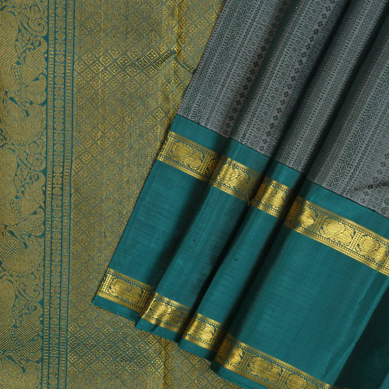 Hayagrivas Handloom Metallic Grey Kanjivaram Silk Saree with Rama Green Border BE660-SBS   KBEL660C1-1 - Image 2