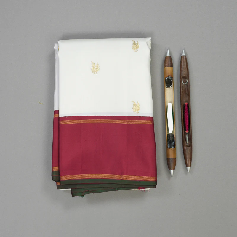 Hayagrivas Handloom Milk-White Kanjivaram Silk Saree with Maroon border KBE1977L1-1 - Image 2
