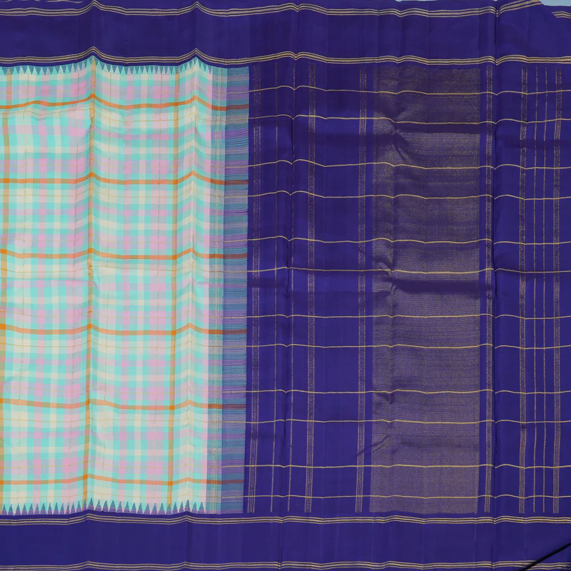 Hayagrivas Handloom Multicolour Checks Kanjivaram Silk Saree with Purplish-Blue Border KBE2427C4-1 - Image 5