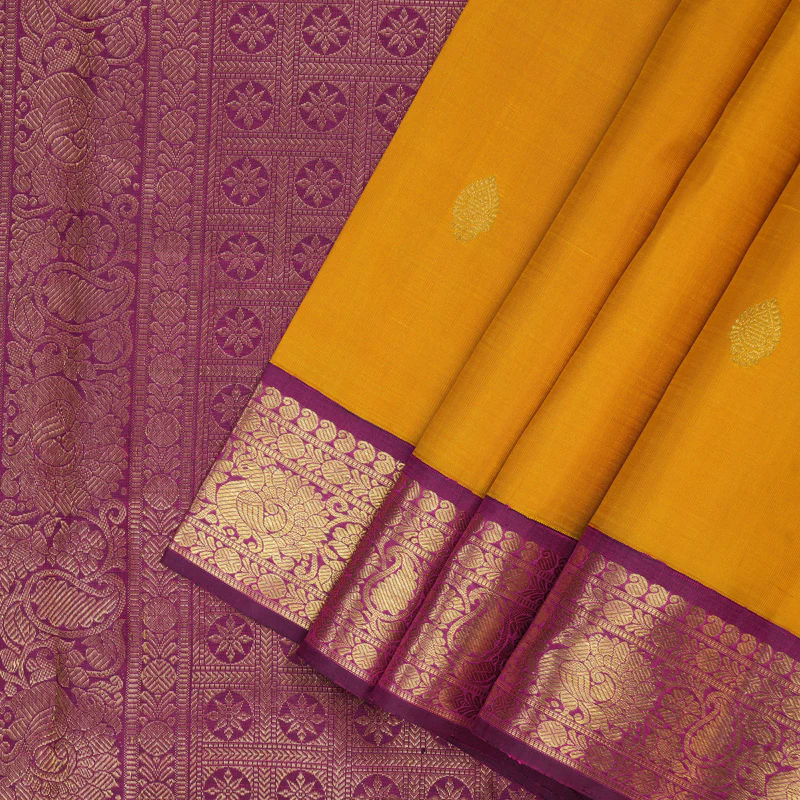 Hayagrivas Handloom Mustard Kanjivaram Silk Saree with Purple Border KBF151D13-8 - Image 2