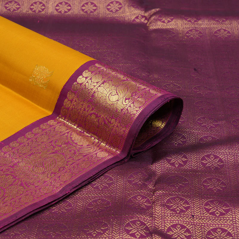 Hayagrivas Handloom Mustard Kanjivaram Silk Saree with Purple Border KBF151D13-8 - Image 3