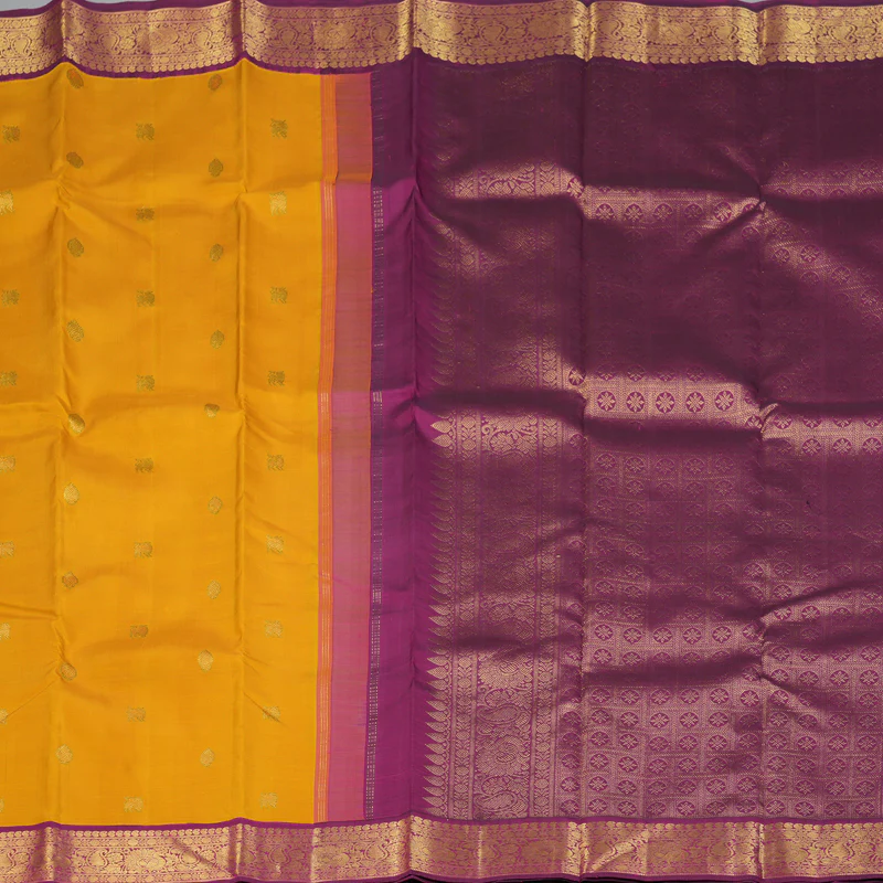 Hayagrivas Handloom Mustard Kanjivaram Silk Saree with Purple Border KBF151D13-8 - Image 5
