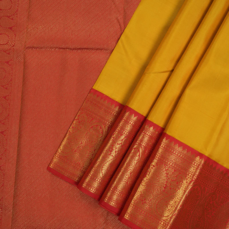 Hayagrivas Handloom Mustard Yellow Kanjivaram Silk Saree with Red Border KBE2290B2-1 - Image 2