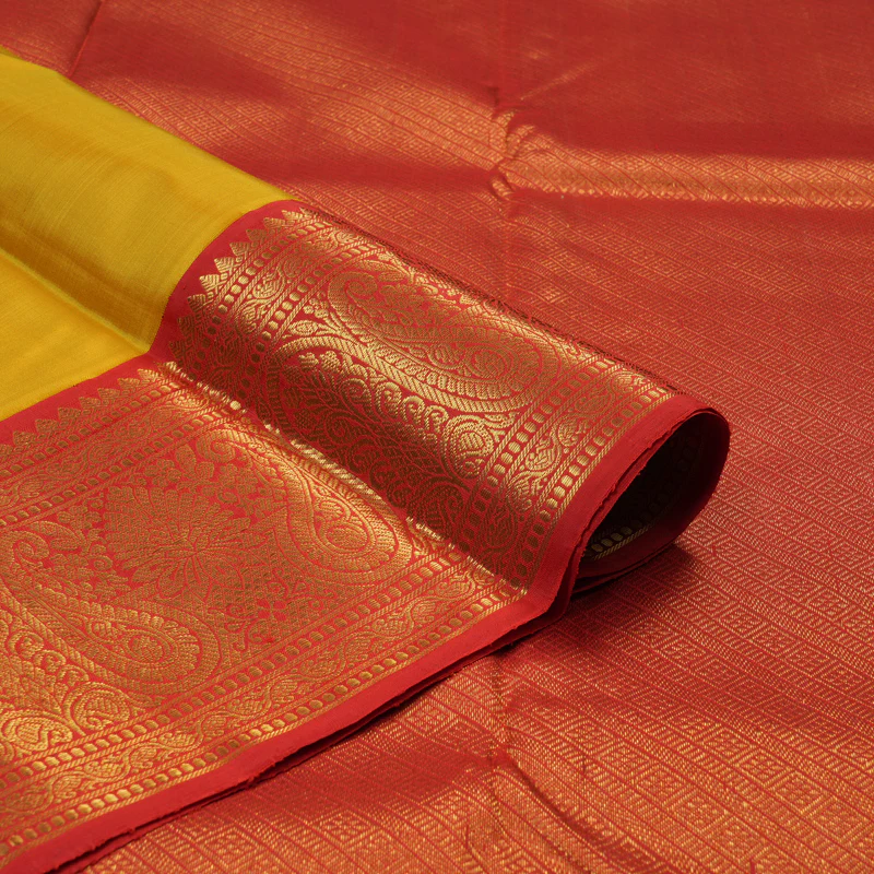 Hayagrivas Handloom Mustard Yellow Kanjivaram Silk Saree with Red Border KBE2290B2-1 - Image 3
