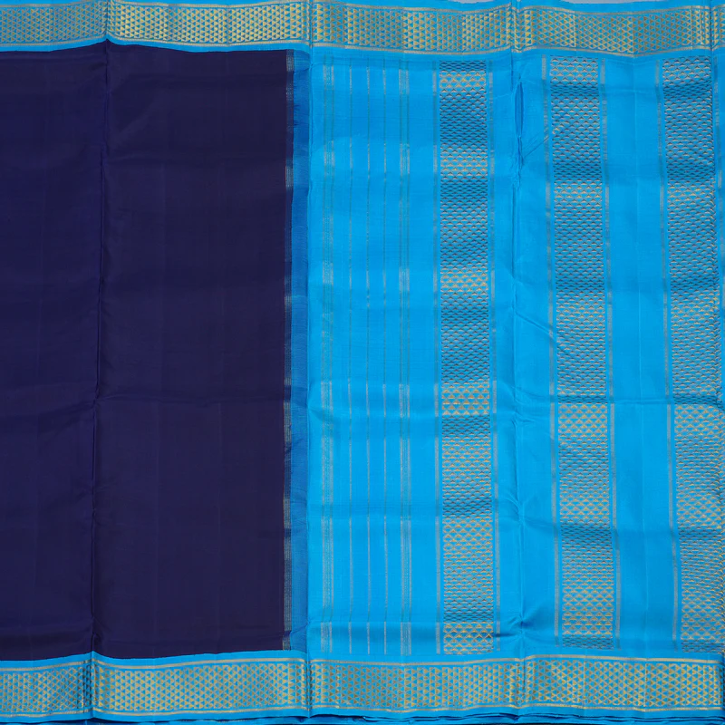 Hayagrivas Handloom Navy Blue Ten Yards Silk Saree with Sky Blue Border KBE1241I12-1 - Image 4