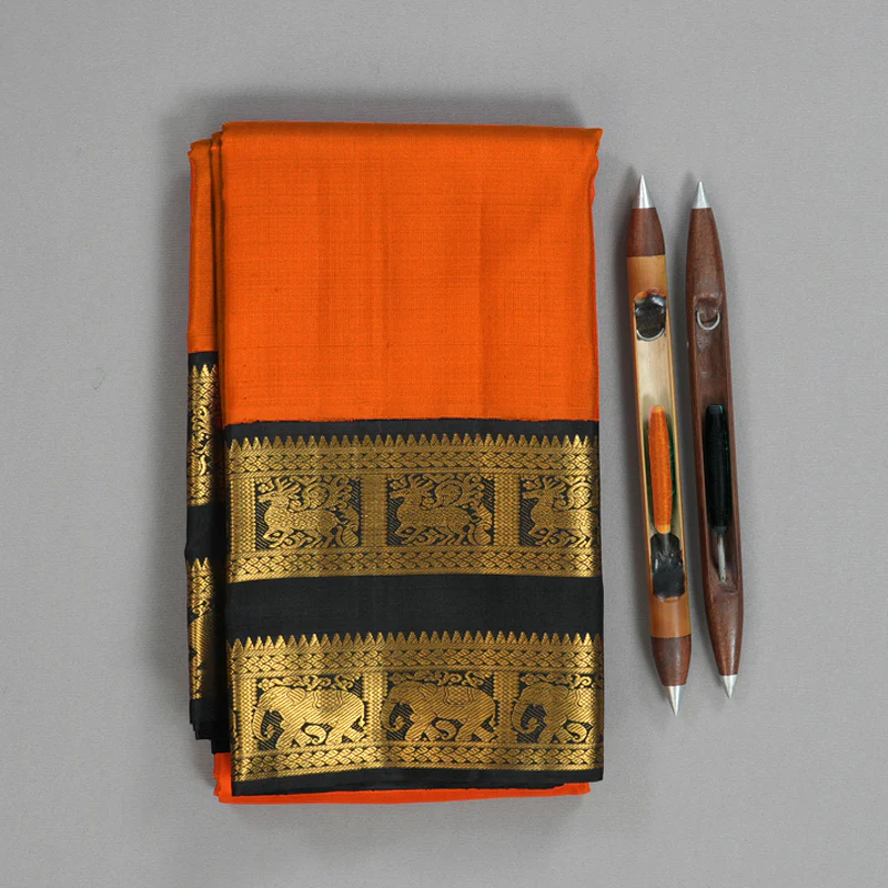 Hayagrivas Handloom Orange Kanjivaram Silk Saree with Black Border KBF155D1-2 - Image 2