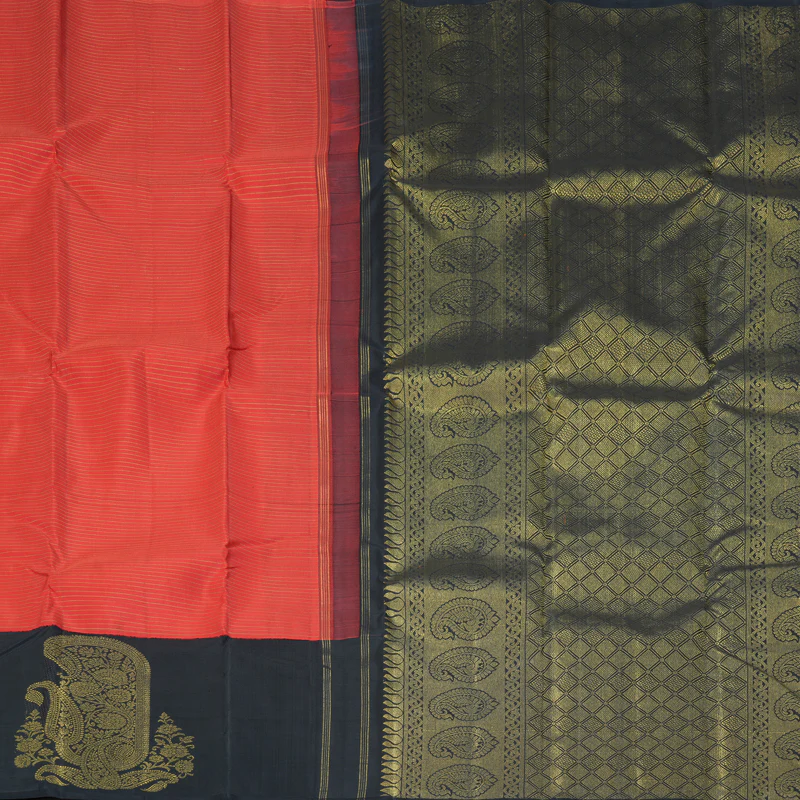 Hayagrivas Handloom Orange Kanjivaram Silk Saree with Black Border KBF386F1-1 - Image 4