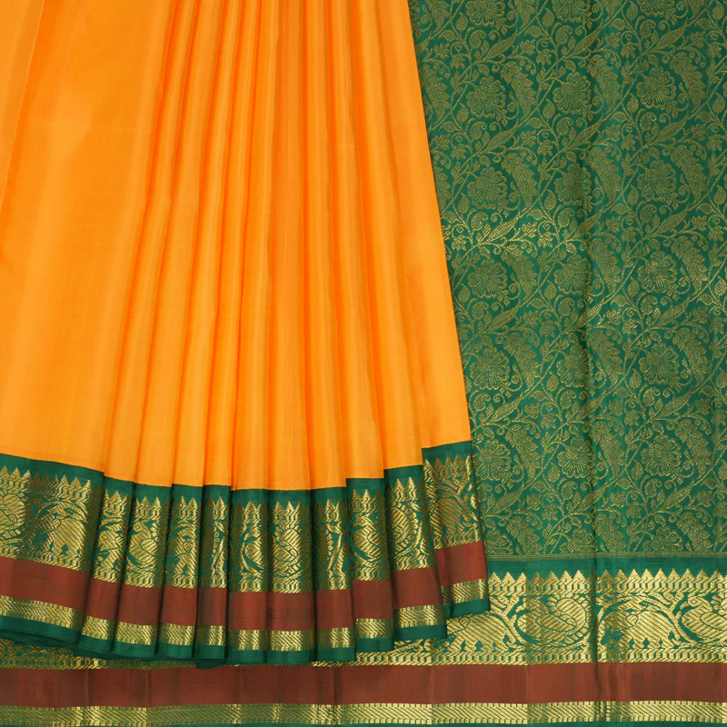 Hayagrivas Handloom Orange Kanjivaram Silk Saree with Dark Green Border KBF129D1-3
