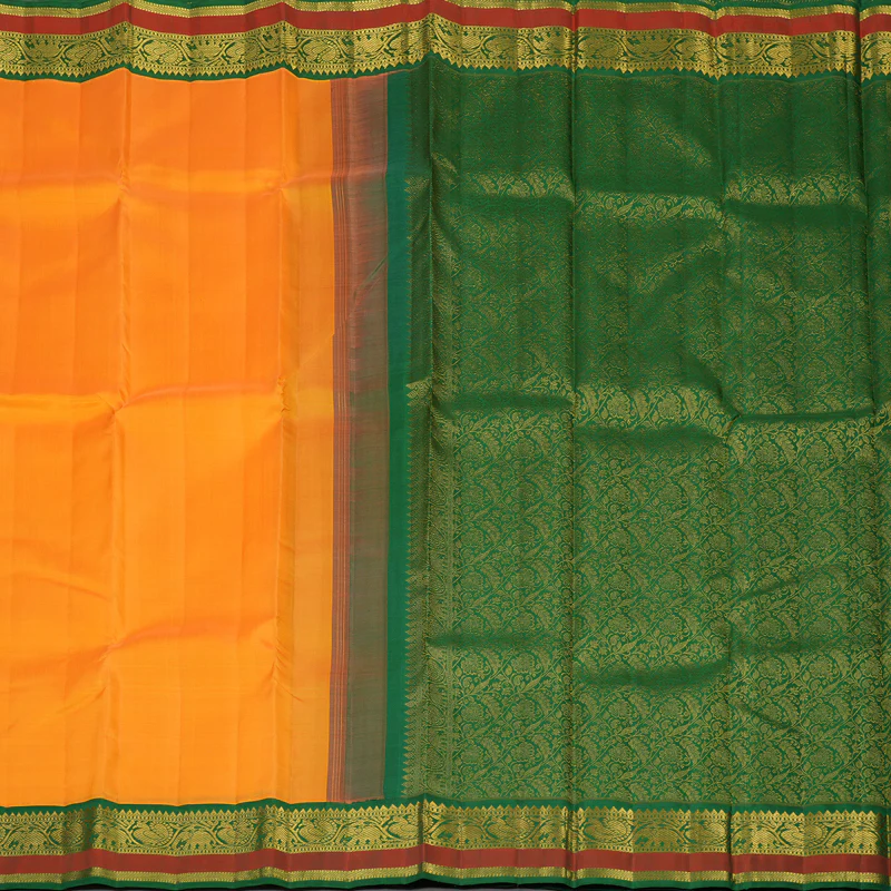 Hayagrivas Handloom Orange Kanjivaram Silk Saree with Dark Green Border KBF129D1-3 - Image 6