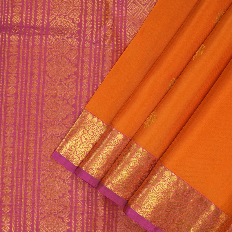 Hayagrivas Handloom Orange Kanjivaram Silk Saree with Pink Border KBF136D4-2 - Image 2