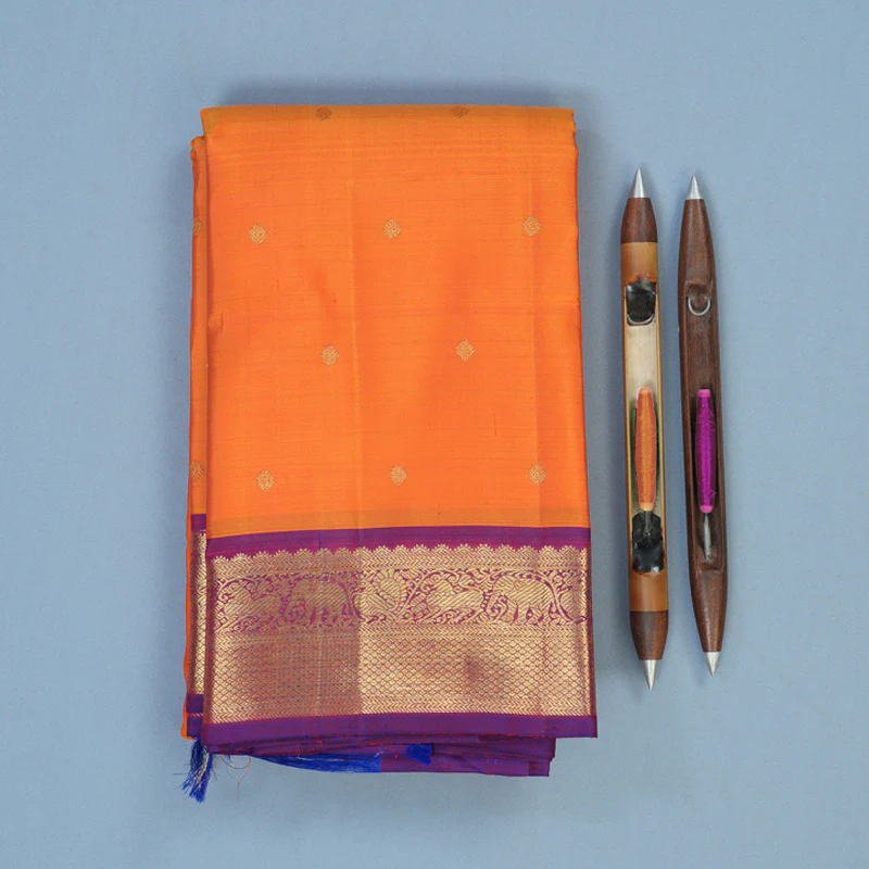 Hayagrivas Handloom Orange Kanjivaram Silk Saree with Purple Border BF15-SBS KBFL15D1-1