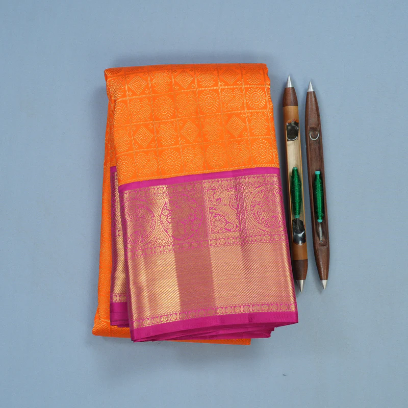 Hayagrivas Handloom Orange Kanjivaram Silk Saree with Rani Pink Border KBF95D6-1
