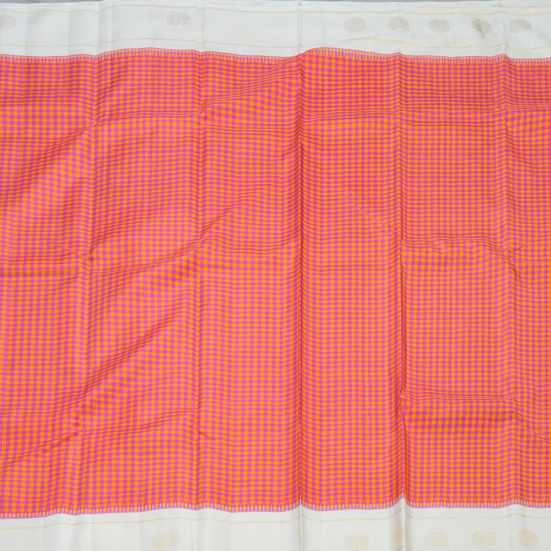 Hayagrivas Handloom Orange & Pink Checks Kanjivaram Silk Saree with Milk-White Border KBE2520C4-1 - Image 3