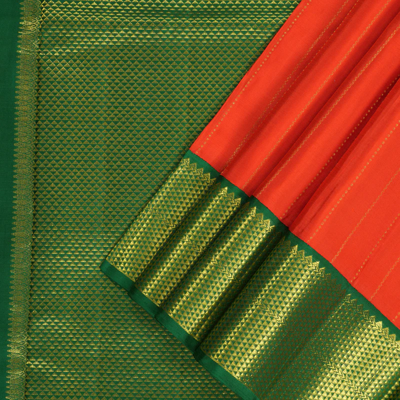 Hayagrivas Handloom Orange Ten Yards Silk Saree with Green Border KBF195E8-3 - Image 2