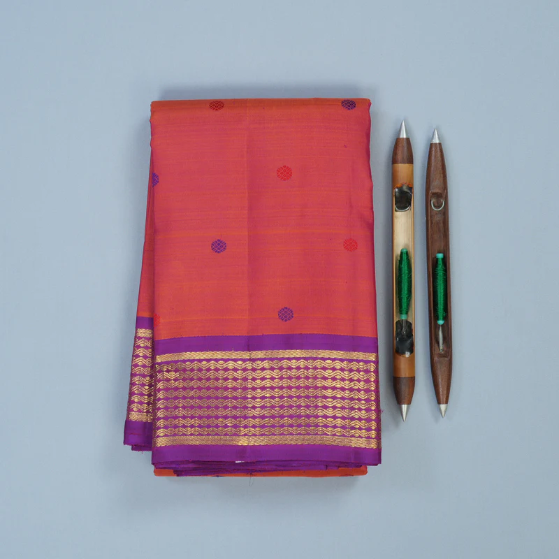 Hayagrivas Handloom Orangish-Pink Kanjivaram Silk Saree with Purple Border BE732-SBS  KBEL732C1-1 - Image 2
