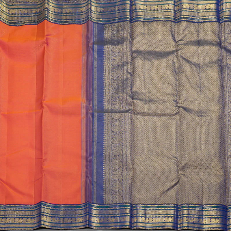 Hayagrivas Handloom Orangish-Pink Kanjivaram Silk Saree with Royal Blue Border KBF258E1-2 - Image 3