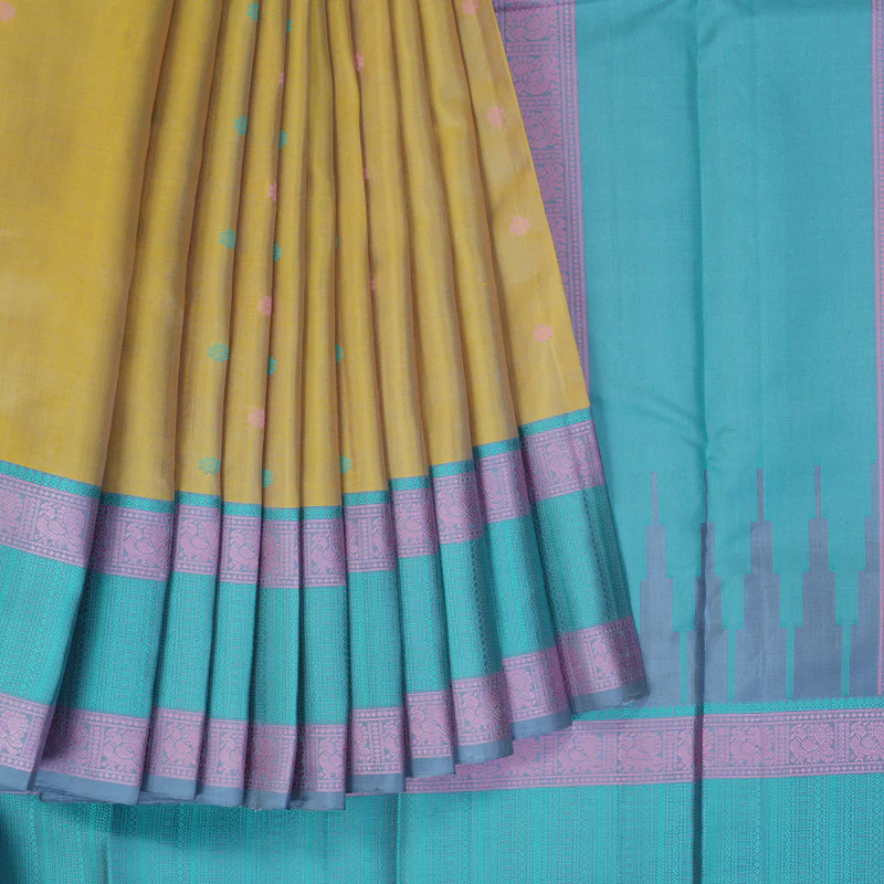 Hayagrivas Handloom Pale Yellow Kanjivaram Silk Saree with Sky Blue Border KBF287E12-4