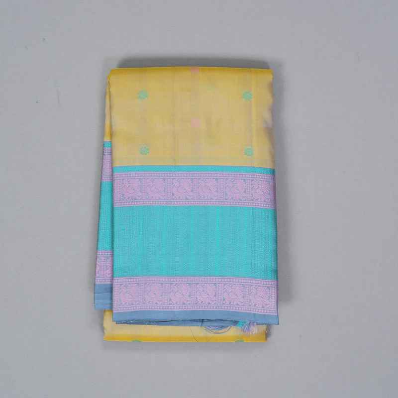 Hayagrivas Handloom Pale Yellow Kanjivaram Silk Saree with Sky Blue Border KBF287E12-4 - Image 2