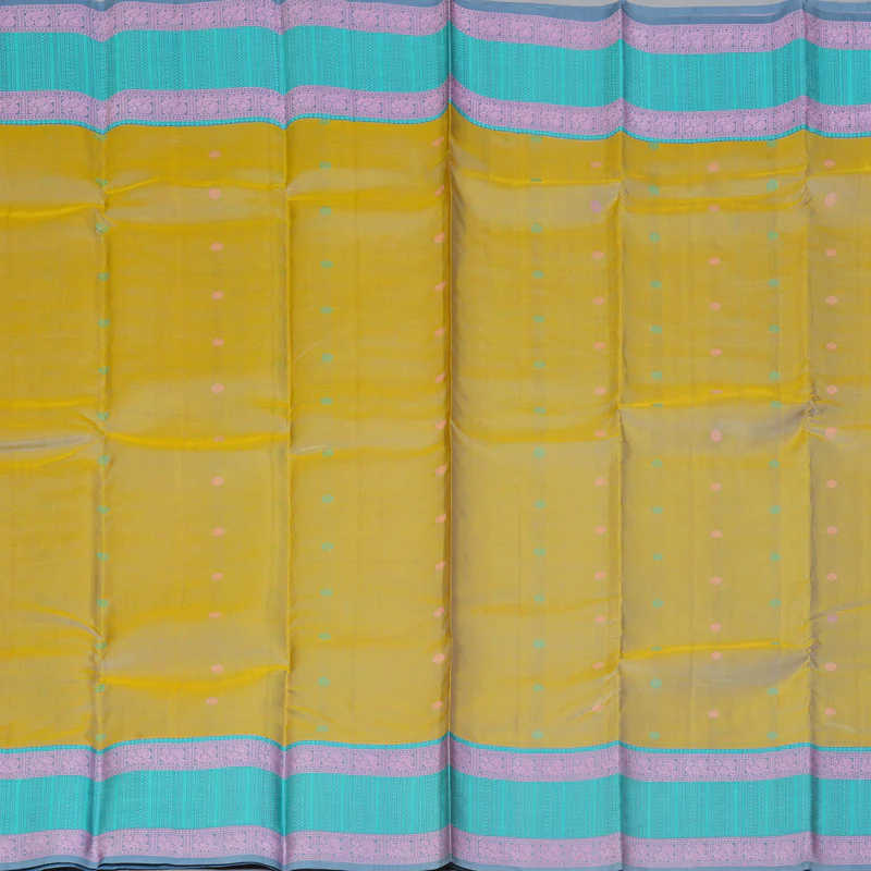 Hayagrivas Handloom Pale Yellow Kanjivaram Silk Saree with Sky Blue Border KBF287E12-4 - Image 3