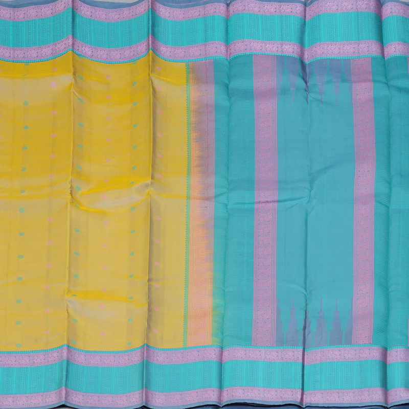 Hayagrivas Handloom Pale Yellow Kanjivaram Silk Saree with Sky Blue Border KBF287E12-4 - Image 4