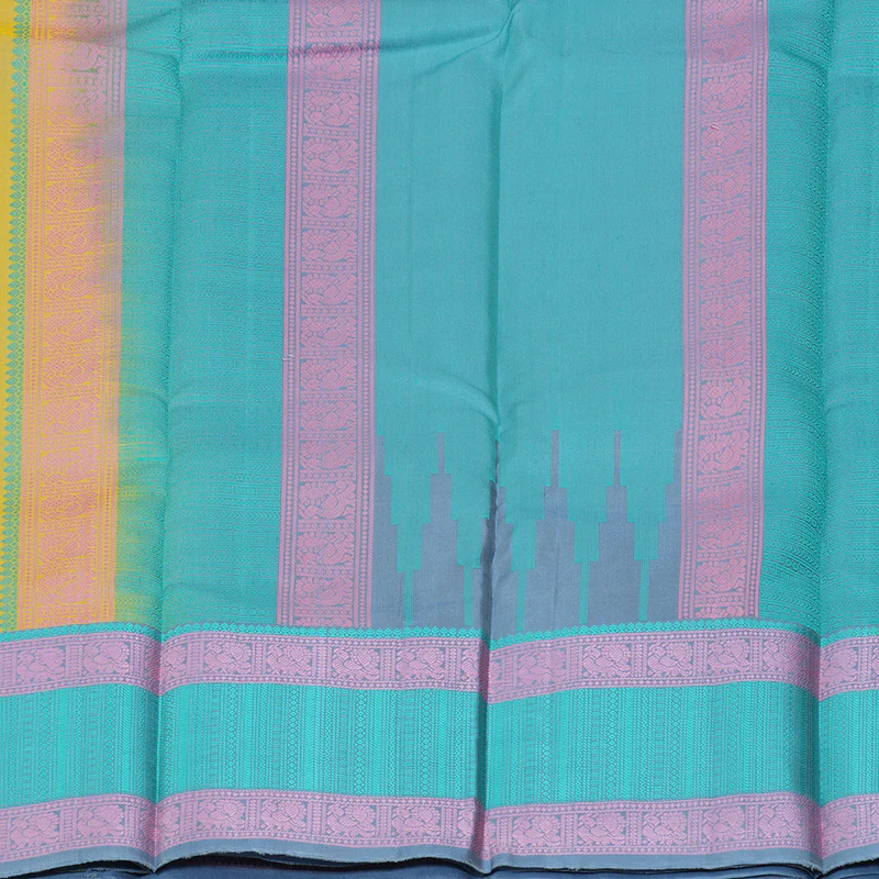 Hayagrivas Handloom Pale Yellow Kanjivaram Silk Saree with Sky Blue Border KBF287E12-4 - Image 5