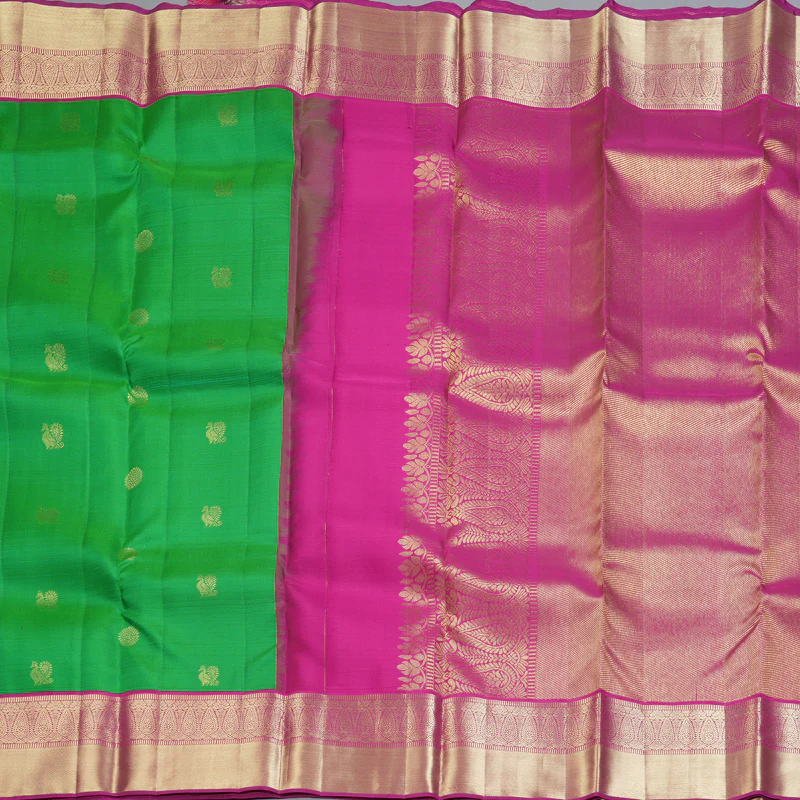 Hayagrivas Handloom Parrot Green Kanjivaram Silk Saree with Pink Border KSBE150C31-3 - Image 4