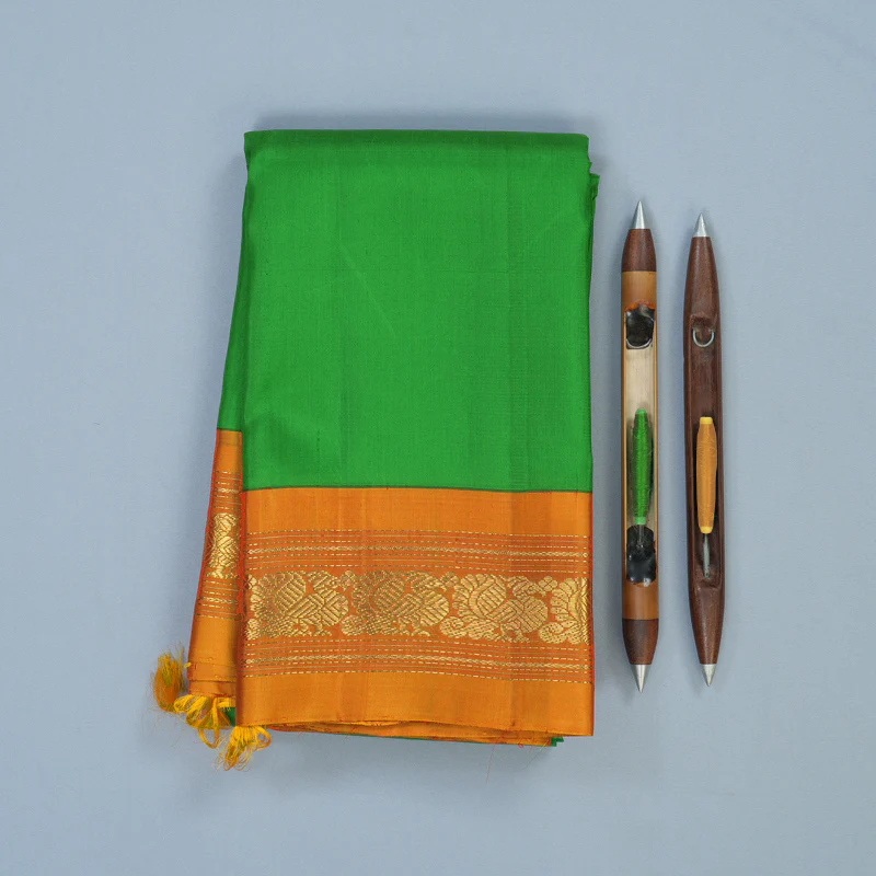 Hayagrivas Handloom Parrot Green Kanjivaram Silk Saree with Sunset Orange Border KBE2220B1-1 - Image 2