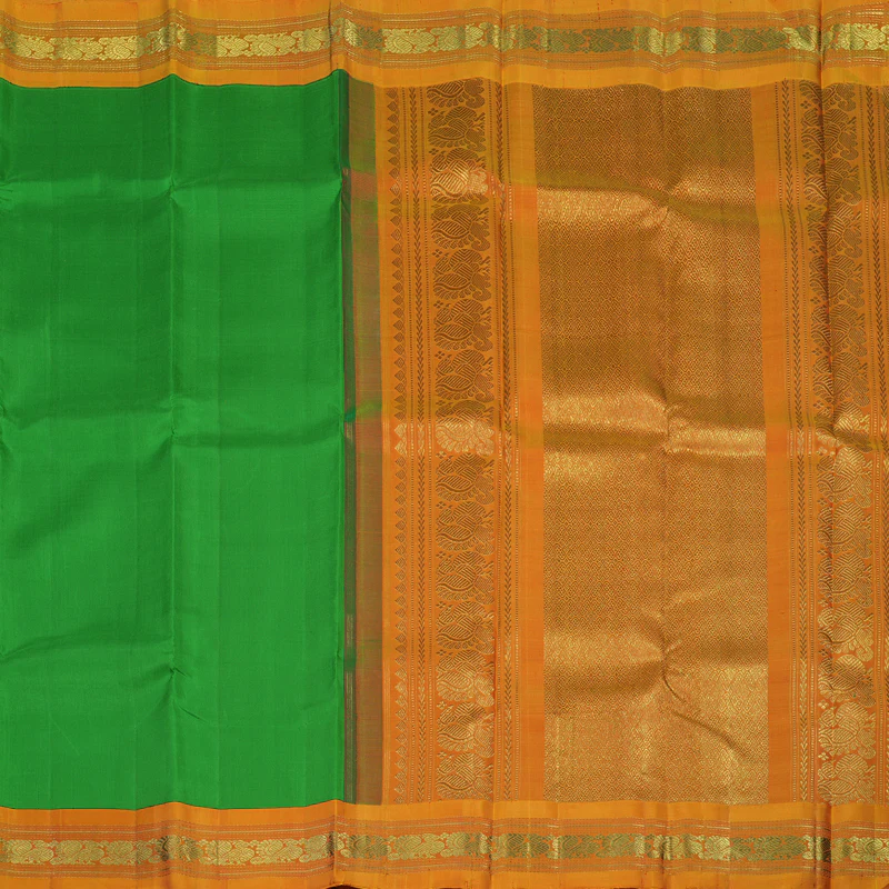 Hayagrivas Handloom Parrot Green Kanjivaram Silk Saree with Sunset Orange Border KBE2220B1-1 - Image 5