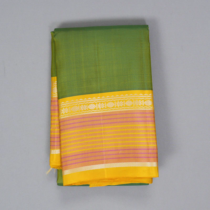 Hayagrivas Handloom Parrot Green Kanjivaram Silk Saree with Yellow Border KBF224E2-1 - Image 2