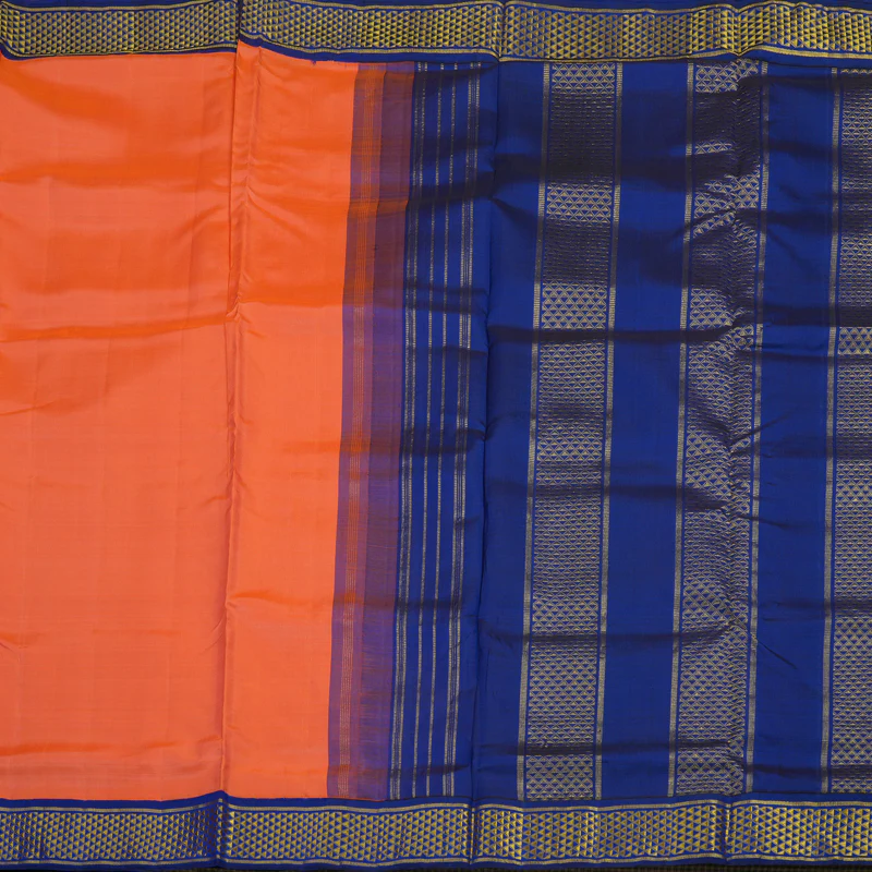 Hayagrivas Handloom Peach Orange Kanjivaram Silk Saree with Ink Blue Border KBE1233I10-4 - Image 4